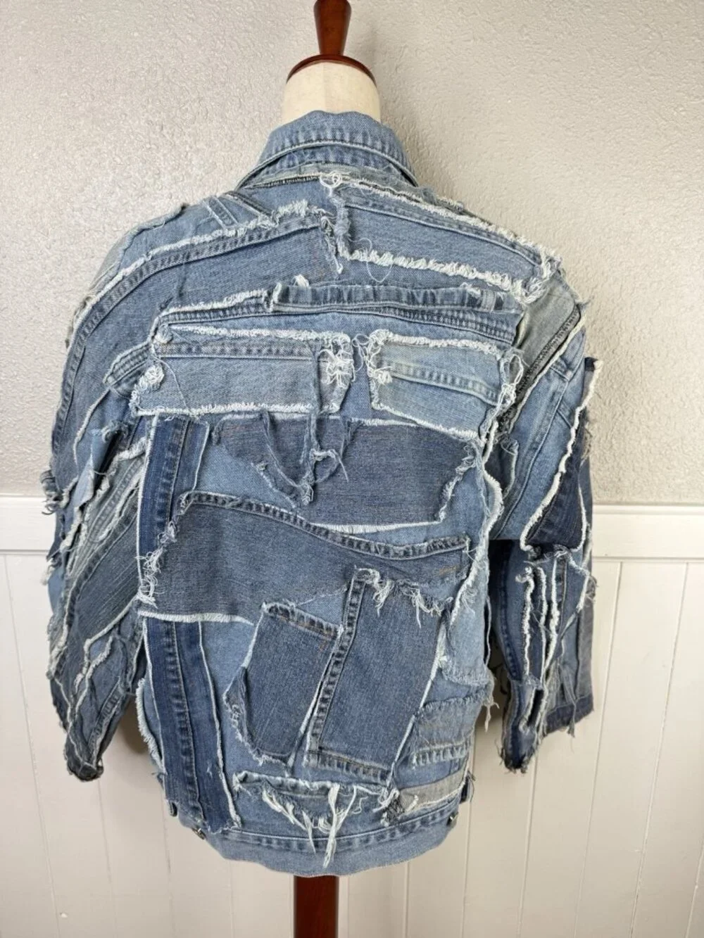 Vtg Reworked Denim Jacket Unique Upcycled Streetwear Jean Blue 90s y2k Sz M/L